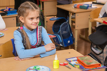 Image showing Happy first grader at a lesson in the school of technology