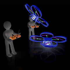 Image showing 3d man with drone, quadrocopter, with photo camera. 3d render. 3