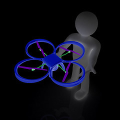 Image showing 3d man with drone, quadrocopter, with photo camera. 3d render. 3