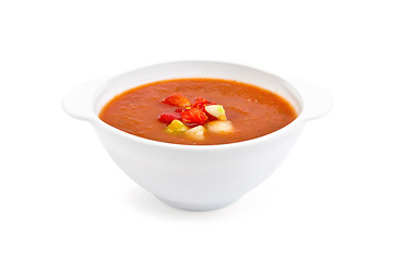 Image showing Soup tomato in white bowl with vegetables