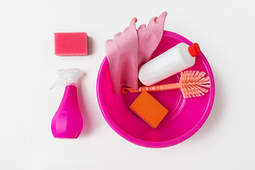 Image showing basin with cleaning stuff on white background