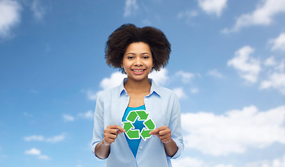 Image showing happy afro american woman over blue sky