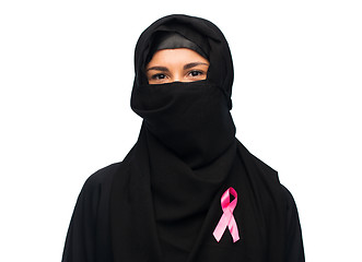 Image showing muslim woman with breast cancer awareness ribbon