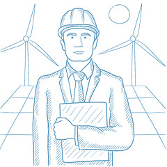 Image showing Male worker of solar power plant and wind farm.