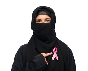 Image showing muslim woman with breast cancer awareness ribbon