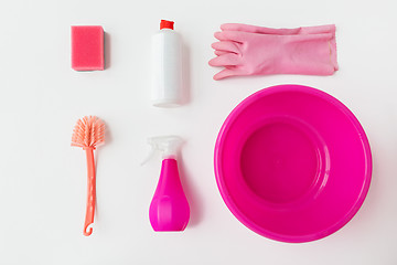 Image showing basin with cleaning stuff on white background