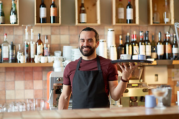 Image showing happy man or waiter with coffee and sugar at bar