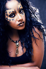 Image showing beauty afro girl with cat make up, creative leopard print closeu