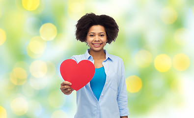 Image showing happy african american woman with red heart shape