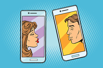 Image showing Retro boy and girl want to kiss via a smartphone