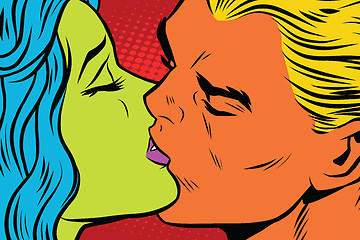 Image showing Female alien and male mutant kiss, love couple