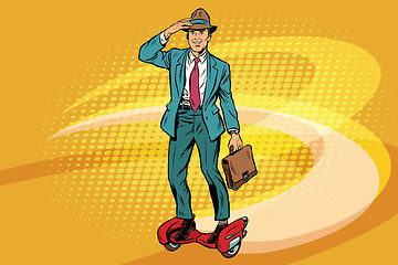 Image showing Retro businessman on steampunk rocket skateboard