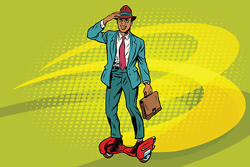 Image showing Retro businessman on steampunk rocket skateboard