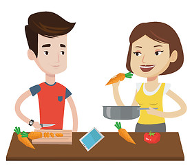 Image showing Couple cooking healthy vegetable meal.