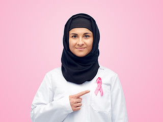 Image showing muslim doctor with breast cancer awareness ribbon