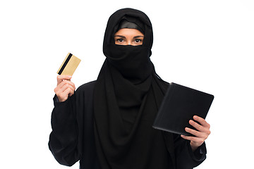 Image showing woman in hijab with tablet pc and credit card