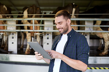 Image showing young man with tablet pc and cows on dairy farm