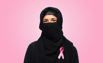 Image showing muslim woman with breast cancer awareness ribbon