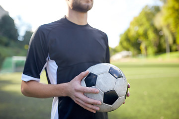 Image showing close up of soccer player with football on field