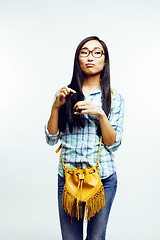 Image showing young pretty asian woman posing cheerful emotional isolated on white background, lifestyle people concept