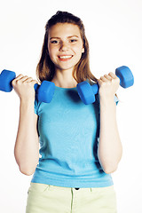 Image showing young pretty slim woman with dumbbell isolated cheerful smiling, real sport girl next door, lifestyle people concept