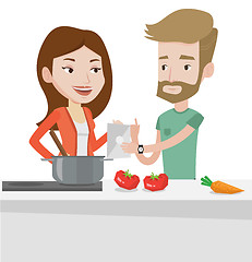 Image showing Couple cooking healthy vegetable meal.