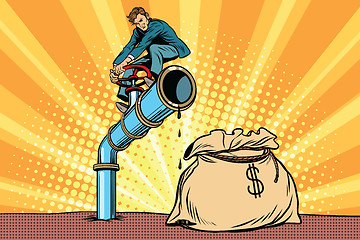 Image showing Businessman closes the tap oil pipe, a bag of money