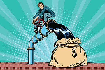 Image showing Retro businessman fills the oil in the bag of money