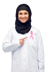 Image showing muslim doctor with breast cancer awareness ribbon