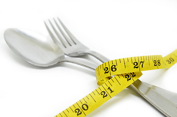 Image showing Steel spoon a fork and measuring tape