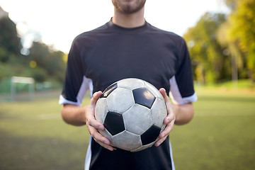 Image showing close up of soccer player with football on field