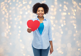 Image showing happy african american woman with red heart shape