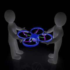 Image showing 3d man with drone, quadrocopter, with photo camera. 3d render. 3