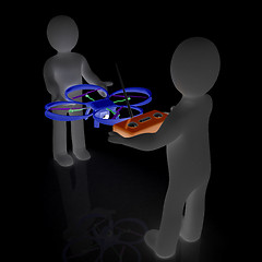 Image showing 3d man with drone, quadrocopter, with photo camera. 3d render. 3