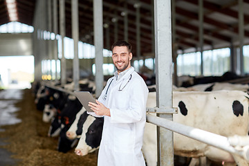 Image showing veterinarian with tablet pc and cows on dairy farm