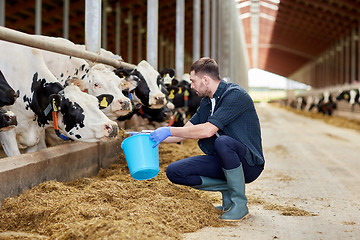 Image showing man with cows and bucket in cowshed on dairy farm