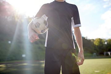 Image showing close up of soccer player with football on field