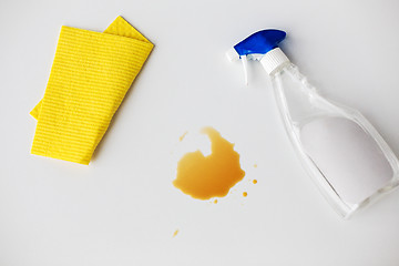 Image showing cleaning rag, detergent spray and spilled stain