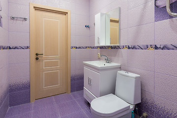 Image showing Interior of toilet room, view of the toilet, sink and the front door