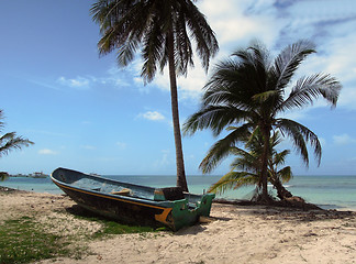 Image showing old fishing boat beach with palm trees North End Big Corn Island