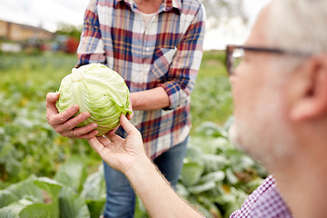 Image showing senior couple picking cabbage on farm