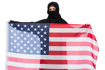 Image showing muslim woman in hijab with american flag