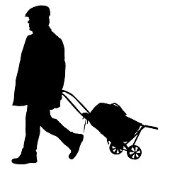 Image showing Black silhouettes travelers with suitcases on white background.