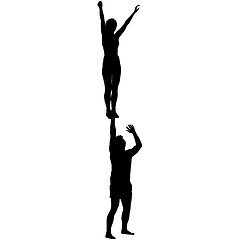 Image showing Black silhouette two acrobats show stand on hand. illustration