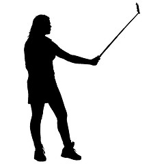 Image showing Silhouettes woman taking selfie with smartphone on white background. illustration