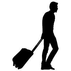 Image showing Black silhouettes travelers with suitcases on white background.