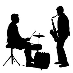 Image showing Silhouette musician, drummer and saxophonist on white background, illustration