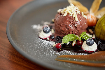 Image showing close up of chocolate ice cream dessert on plate