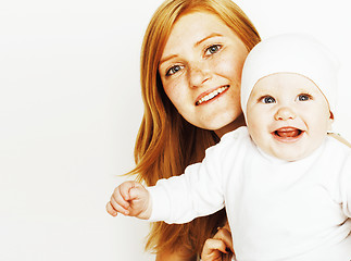 Image showing young beauty mother with baby, red head happy family isolated cl