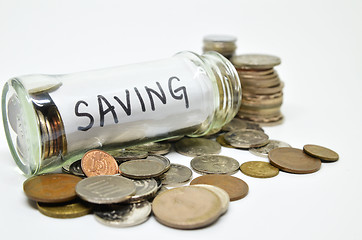 Image showing Saving lable in a glass jar with coins spilling out